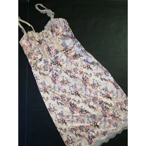 Victoria's Secret S gown slip DRESS Orange blue floral satin White beige lace